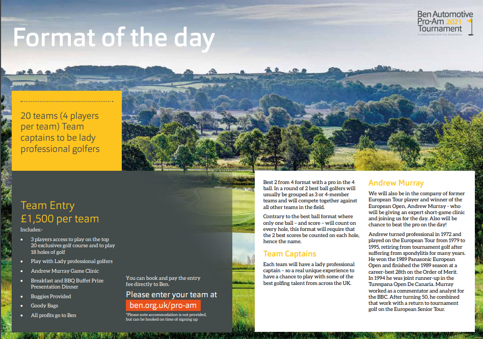 Ben Automotive Pro-Am 2021 flyer: "Format of the day", 20 teams, £1,500 team entry, over a golf course landscape.